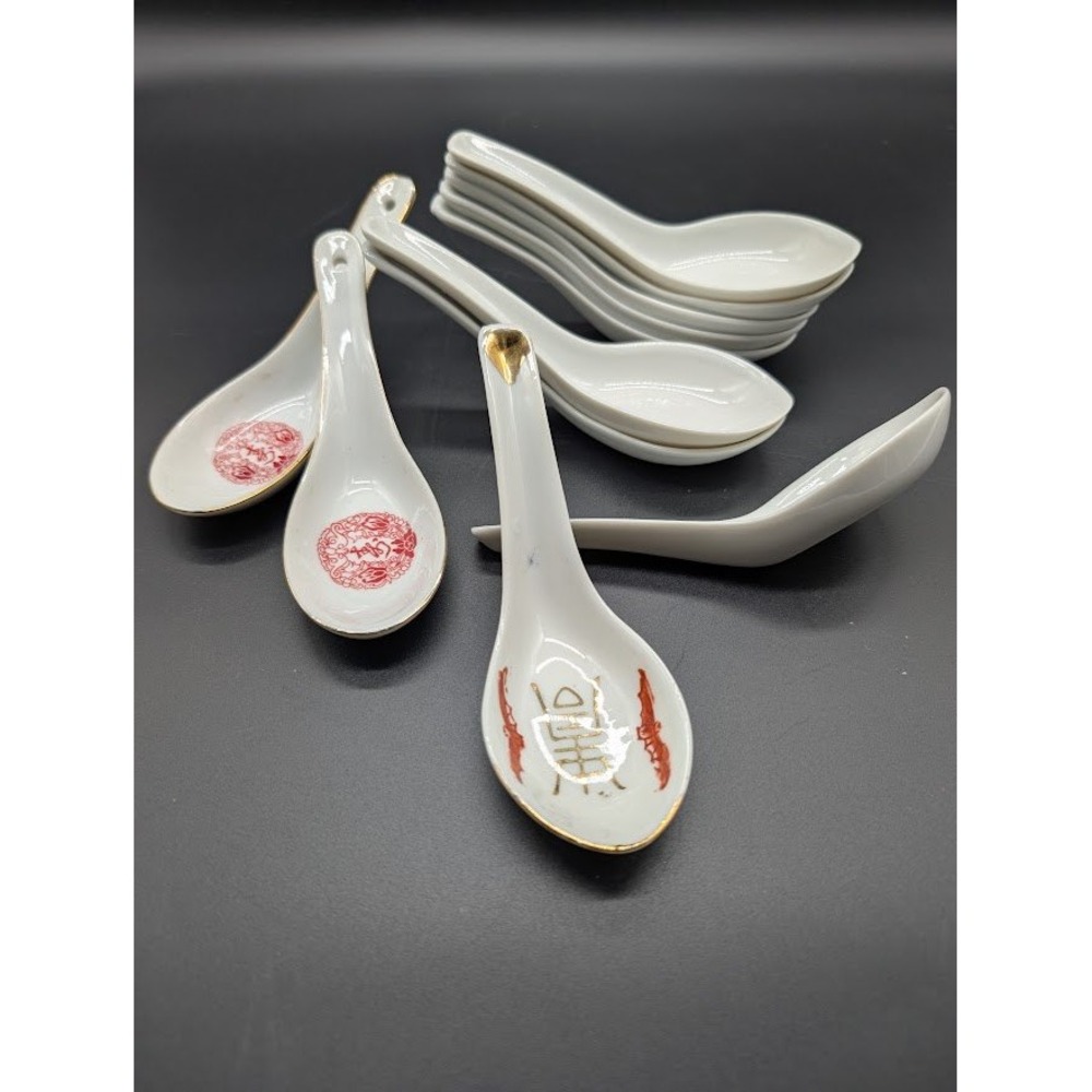 11 Set Vintage Porcelain Soup‎ Spoons Miso Ramen Dumplings Golden China Taiwan
